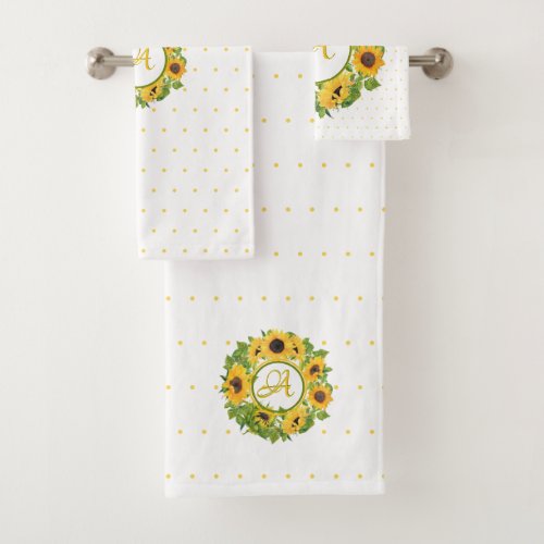 Monogrammed Sunflowers Polkadots Yellow White Bath Towel Set
