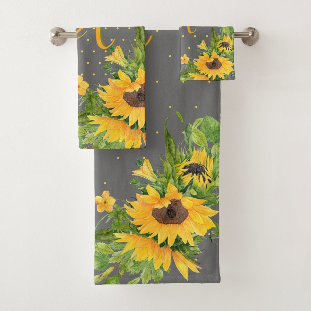 Monogrammed Sunflowers Yellow Gray Decor Bath Towel Set Zazzle