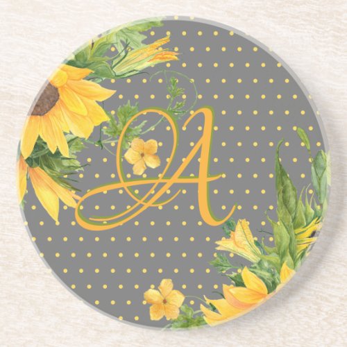 Monogrammed Sunflowers Yellow Gray Decor Coaster