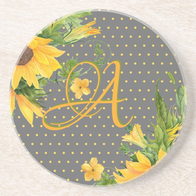 Monogrammed Sunflowers Yellow Gray Decor Coaster (Front)