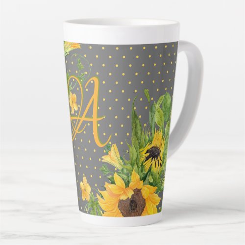 Monogrammed Sunflowers Yellow Gray Decor Latte Mug