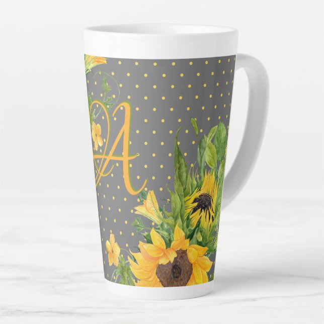 Monogrammed Sunflowers Yellow Gray Decor Latte Mug (Right Angle)