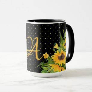 Monogrammed Sunflowers Yellow Gray Decor Mug