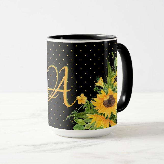 Monogrammed Sunflowers Yellow Gray Decor Mug (Front Right)