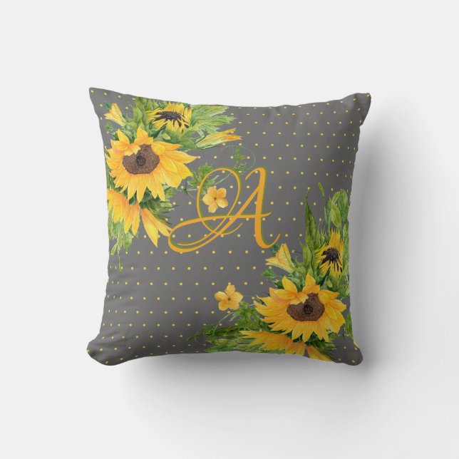 Monogrammed Sunflowers Yellow Gray Decor Throw Pillow (Front)