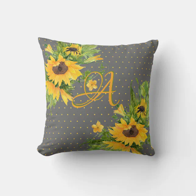 Monogrammed Sunflowers Yellow Gray Decor Throw Pillow | Zazzle