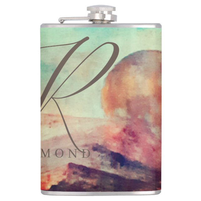 Monogrammed Sunny Clouds and Desert Landscape Flask (Front)