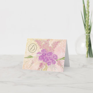 Monogrammed Sunset Rose sheer bow and Bouquet Letterpress Thank You Card