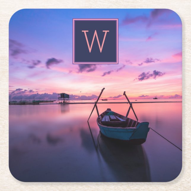Monogrammed Sunset Waters w/ Boat Square Paper Coaster (Front)