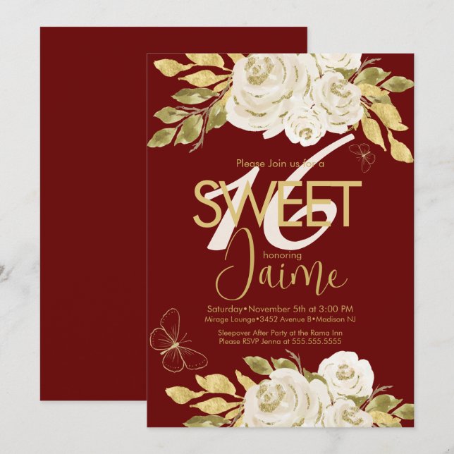 Monogrammed Sweet 16 Ivory Rose Pink Florals Wine Invitation (Front/Back)