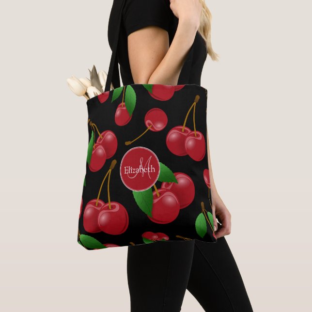 monogrammed sweet red cherries pattern tote bag (Close Up)