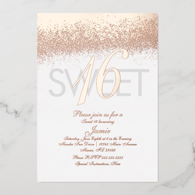 Monogrammed Sweet Sixteen Gold Pressed Glitter   Foil Invitation (Front)
