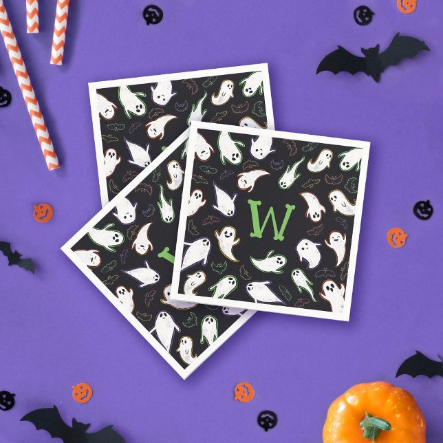 Monogrammed Swooping Ghosts & Bats Halloween Party Napkins (Creator Uploaded)