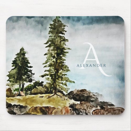 Monogrammed Tahoe Lake Watercolor Landscape Mouse Pad