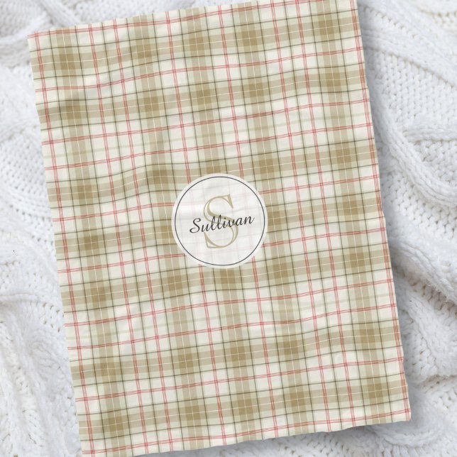 Monogrammed Tan and Red Plaid Rustic Pattern Cozy Fleece Blanket (Creator Uploaded)