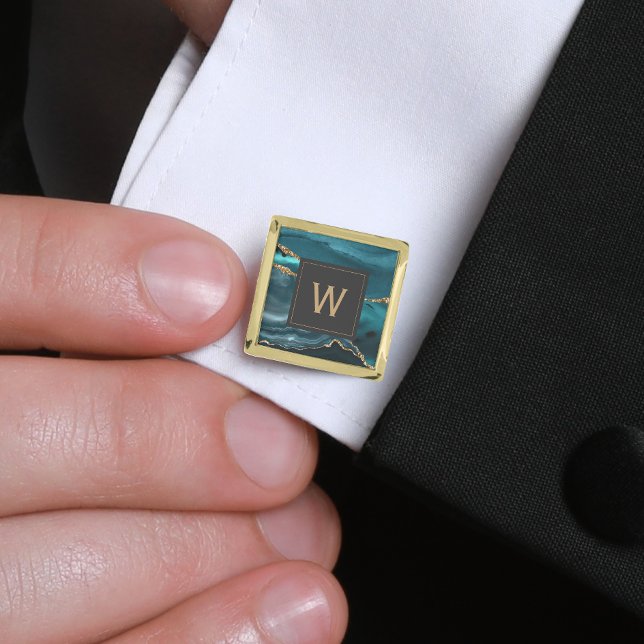 Monogrammed Teal Agate Gold Dark Square Cufflinks (Creator Uploaded)