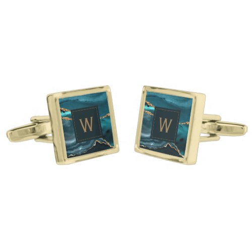 Monogrammed Teal Agate Gold Square Cufflinks