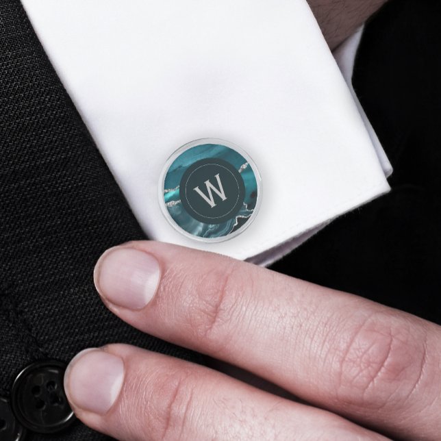 Monogrammed Teal Agate Silver Round Cufflinks (Creator Uploaded)