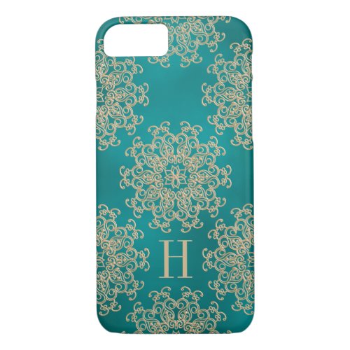 Monogrammed Teal and Gold Exotic Medallion iPhone 87 Case