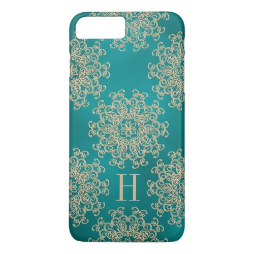 Monogrammed Teal and Gold Exotic Medallion iPhone 8 Plus7 Plus Case