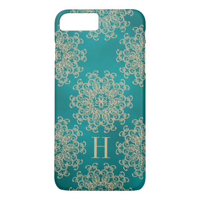 Monogrammed Teal and Gold Exotic Medallion Case-Mate iPhone Case (Back)