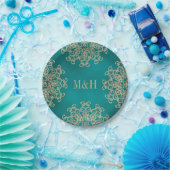 Monogrammed Teal and Gold Indian Style Wedding Paper Plates (Party)
