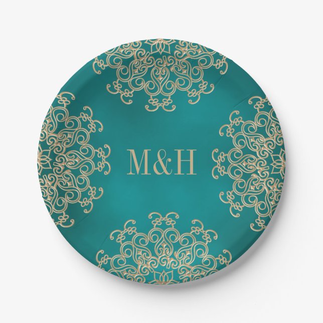 Monogrammed Teal and Gold Indian Style Wedding Paper Plates (Front)