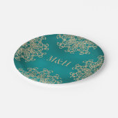 Monogrammed Teal and Gold Indian Style Wedding Paper Plates (Angled)