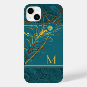 Monogrammed Teal and Gold Peacock Theme Case-Mate iPhone 14 Plus Case
