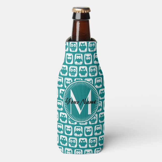 Monogrammed Teal and White Owls Bottle Cooler (Bottle Front)