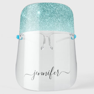 Monogrammed Teal Aqua Blue Luxury Glitter Salon Face Shield