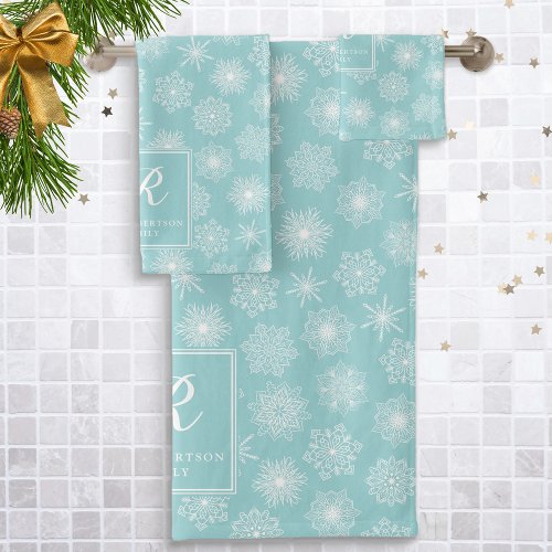 Monogrammed Teal Aqua Snowflakes Coastal Winter Bath Towel Set