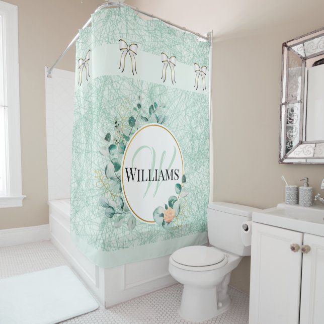 Monogrammed Teal Bathroom Shower Curtain (In Situ)