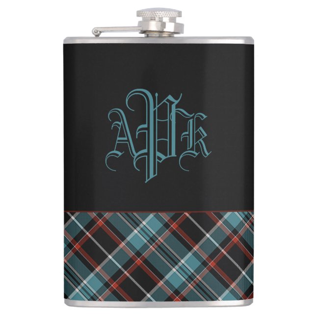 Monogrammed Teal, Black & Red Plaid Flask (Front)