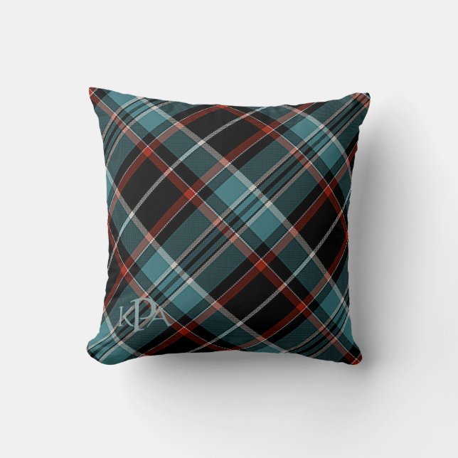 Monogrammed Teal, Black & Red Plaid Throw Pillow (Front)
