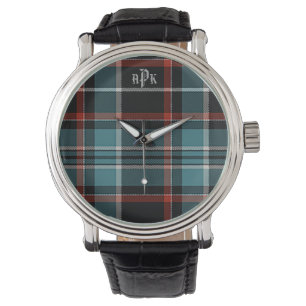 Monogrammed Teal, Black & Red Plaid Watch