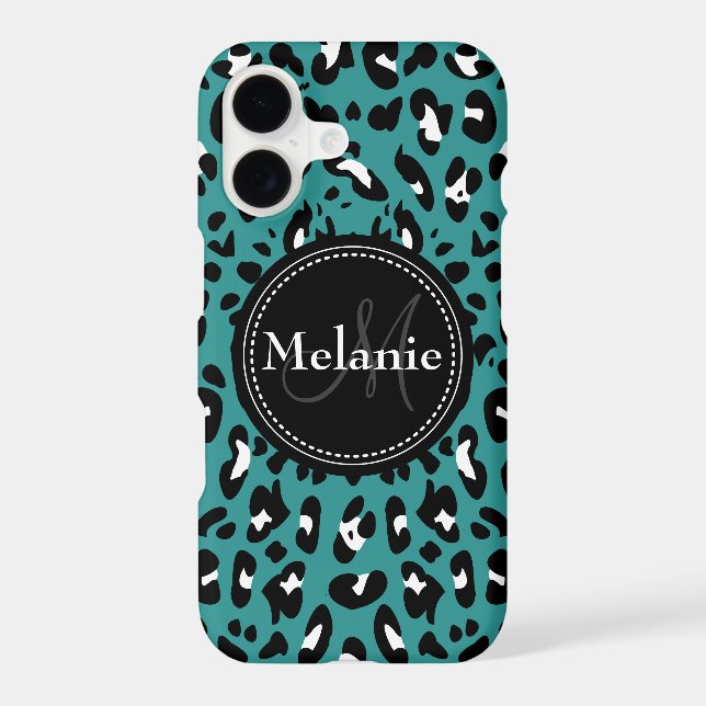 Monogrammed Teal Black White Leopard Pattern Iphone Case (Back)
