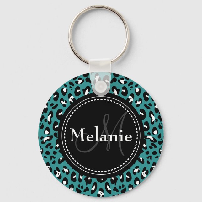 Monogrammed Teal Black White Leopard Pattern Keychain (Front)