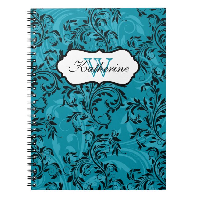 Monogrammed Teal Black White Scrolls Notebook (Front)