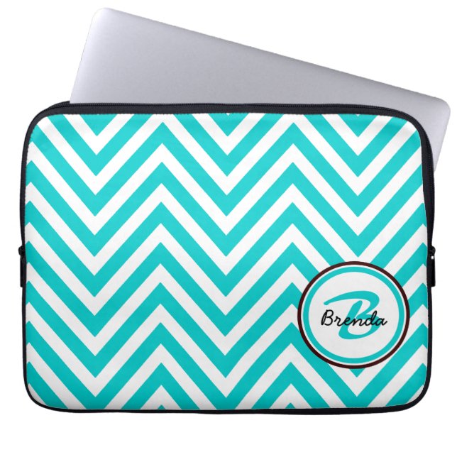 MONOGRAMMED TEAL BLUE CHEVRON PATTERN LAPTOP SLEEVE (Front)