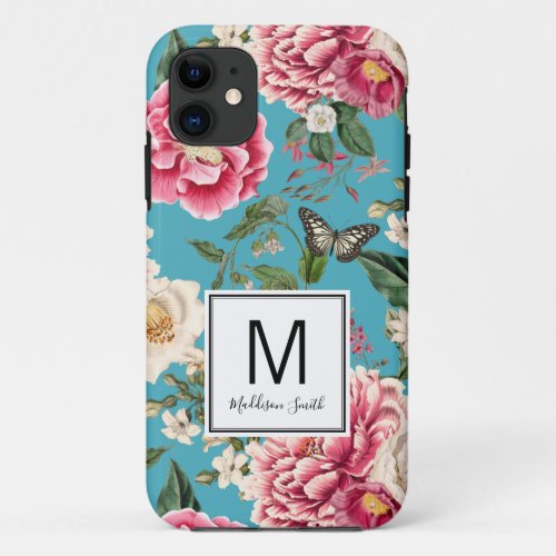 Monogrammed Teal Blue Floral Pattern iPhone 11 Case