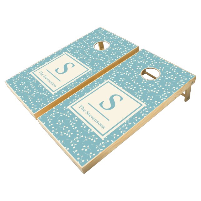 Monogrammed Teal Blue Floral Pattern Stylish Cornhole Set (Angled)