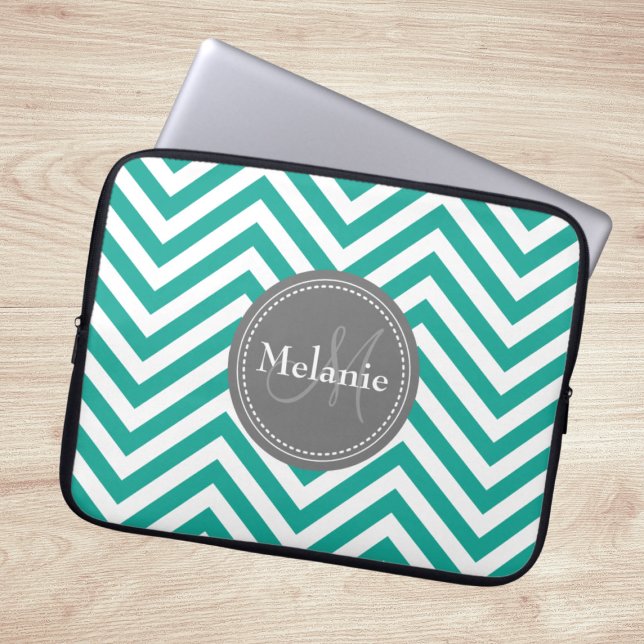 Monogrammed Teal Blue & Gray Zigzag Laptop Sleeve (Creator Uploaded)