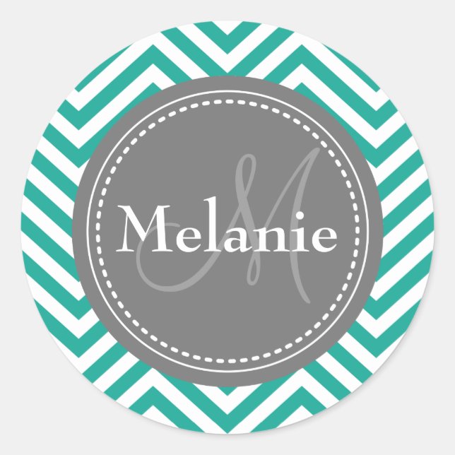 Monogrammed Teal Blue & Grey Zigzag Classic Round Sticker (Front)