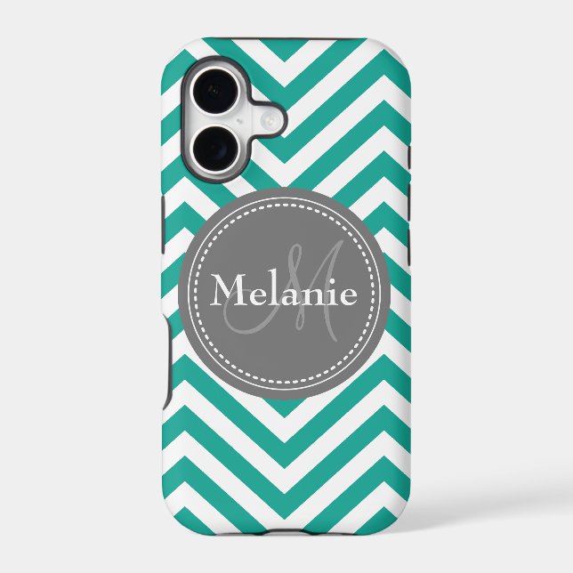 Monogrammed Teal Blue & Grey Zigzag Iphone Case (Back)
