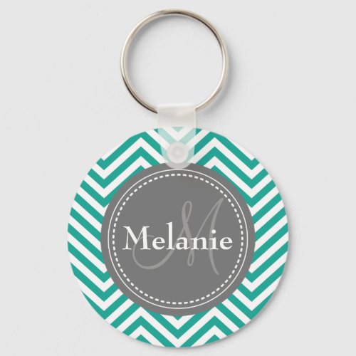 Monogrammed Teal Blue  Grey Zigzag Keychain