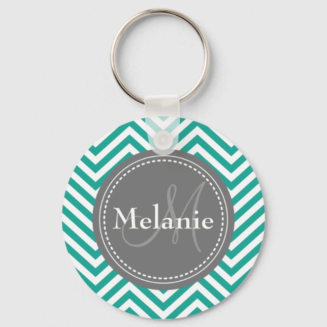 Monogrammed Teal Blue & Grey Zigzag Keychain (Front)