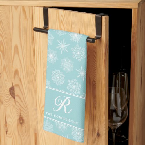 Monogrammed Teal Blue Snowflakes Coastal Christmas Kitchen Towel