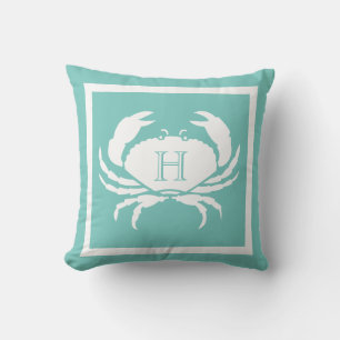 Monogrammed Teal Blue White Crab Nautical Outdoor Pillow