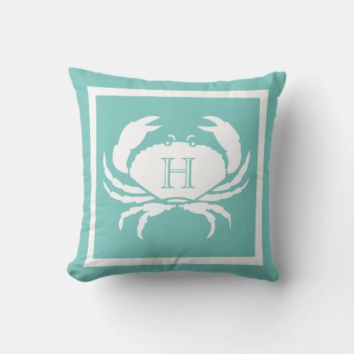 Monogrammed Teal Blue White Crab Nautical Outdoor Pillow